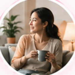 Seorang wanita duduk di sofa sambil memegang cawan pada waktu petang, dengan tanaman dan lampu di belakangnya.